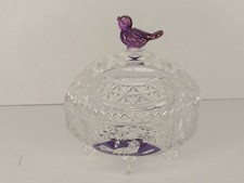 Rare Hofbaur Byrdes Purple Bird Crystal Pedestal Candy Dish W/ Lid Trinket Dish picture