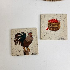Hand Painting Ceramic Tiles by B. Hicks Apple & Rooster Set of 2 picture