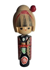 Vintage Kokeshi Doll Signed by Sogen Folk Art Red Kanzashi & Mino Coat 1970s picture