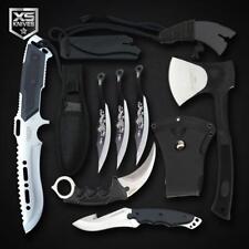 7pc Tactical SILVER Set BOWIE Fixed Blade THROWING AXE Neck Knife KARAMBIT CLAW picture