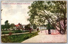1913 Entrance Depot Winona Lake Indiana 'Automobile Riding' MSG ANTIQUE Postcard picture