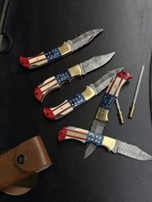 LOT OF 20 HANDMADE  AMERICAN FLAG EDC FOLDINGS KNIVES WITH LEATHER SHEATHS picture
