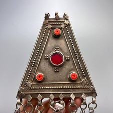 Massive Antique Yemenite Silver Coral Hand Made Women's Pendant Judaica 124 gr picture