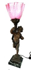 19th C. Spelter Cherub Figural Lamp w/ Cranberry Glass Swirl Shade, Marble Base picture