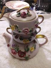  4 Pc Vintage Tea Pot With Cream And Sugar, Made In Japan Hand Painted Stackable picture