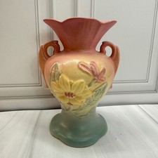 Vintage Hull Pottery Magnolia Vase H-4-6 1/2 Matte Pink Yellow Floral Handles picture