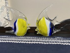 2 Vintage Murano Style Paperweight Art Glass Angel Fish Yellow Blue White picture