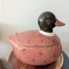 VTG Otagiri Japan Ceramic Duck Cookie Jar Canister Mauve Pink Floral... picture