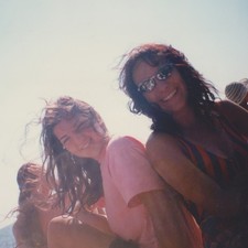Two Smiling Young Women In Windy Summer Beach Portrait Scene Mood Vintage Photo picture