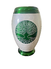 Elegant Medium Size Ceramic And Metal Urn Green And Cream 10.5 Inches New picture