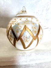 Glass Christmas Ball Ornament White & Gold 4.5
