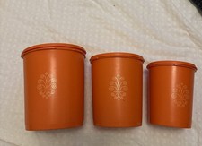 Vintage 3 Tupperware Servalier Canisters Sunburst Lids Orange Made In USA picture