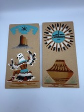 Vintage Navajo Sand Paintings Eagle Dancer Pottery Set of 2 Signed picture