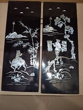 Vintage Oriental Mother of Pearl Black Lacquer Asian Wall Art Plaque Panels picture