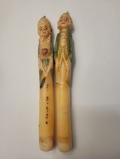 Antique King Louis XVI Marie Antoinette Figure Doll Wax Taper Candle Carved SET picture