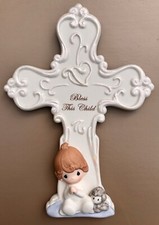 PRECIOUS MOMENTS “Bless This Child” Porcelain Bisque Cross For Boy Child 2015 picture