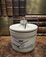 Vintage King Cadillac Inc Stoneware Crock Lid Metal Bale Handle Advertising Jar picture