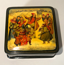 Black Lacquer Trinket Box, Painted Folk Village Scene Lid, Red Interior, Signed picture
