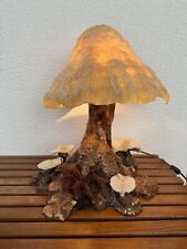 Vintage Mushroom Lamp Burl Wood Base Coral Shade Retro 1970s Magic Mushroom MCM picture