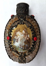 Vintage Art Deco Czech Miniature Perfume Bottle Metal Filigree, Red Cabochons picture