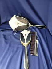 3PC VTG VANITY DRESSER SET BRUSH COMB MIRROR SCOLL ETCHED SILVER picture