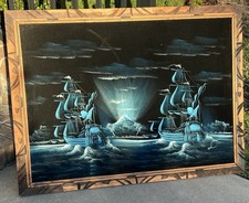 Vtg Black Velvet Felt Painting Large Pirate Ship Scene MCM Signed 38