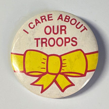 Vintage 1990s I Care About Our Troops Yellow Ribbon Pinback Button picture