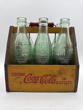 Vintage Red Yellow Coca Cola 6 Pack Wood Carrier Wings Handle  With Bottles picture