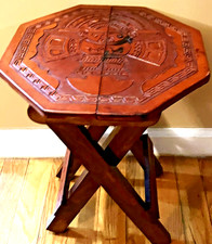 Wooden Folding Accent Table Handtooled Carved Leather Top Honduras Craft 15 x11