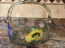 Beautiful Hand Blown Clear Glass Basket w/Handle~Hand-painted Flowers picture