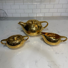 Vtg 22K Gold Tea Set Teapot Creamer Sugar Bowl Goldcrest & Osborne Married MCM picture