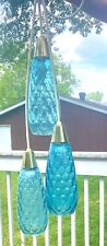 3 Vtg MCM Glass Pendant Lights Aqua Blue Turquoise Honeycomb Bubble Texture picture