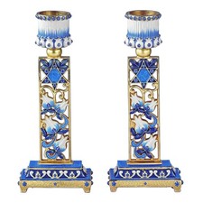 Handcrafted Jeweled Shabbat Candlestick Holders Set of 2 [BLUE FLOWERS] picture