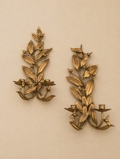 Vintage MCM Gold Iron Tole Italian Leaf & Berry Wall Sconce Candles Brutalist picture