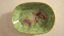 Vintage Takahashi Japan Hand Decor Butterfly Oval Trinket Dish Green Floral D232 picture