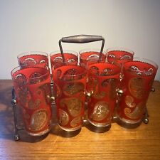 Culver Mid-Century Red & 22-Karat Gold Paisley Bar Set (8 Glasses and Carrier) picture