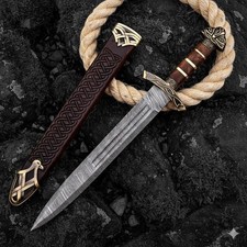23'' Hand Forged Viking Medieval Short Sword: Damascus Steel Blade Wooden Handle picture