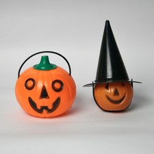 Lot of 2 Vintage Halloween Plastic Jack O Lanterns/ Candy Containers. picture