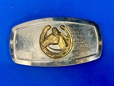 Wide mixed metal horse head through lucky horseshoe western belt buckle  picture