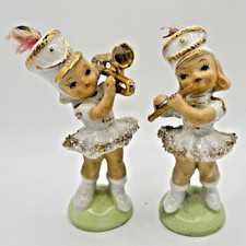VTG UCAGCO Japan Band Girl Figurines Pair Spaghetti Trim MCM Kitsch w/Sticker picture