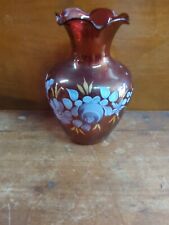 Antique Ruby Red  Art Glass Roses Flower Vase Hand painted Floral  picture