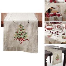 SARO LIFESTYLE Christmas Tree Embroidered Table Runner Holly Berries & Ribbon picture