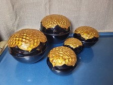 VTG Chinese Fuzhou Foochow Lacquer 5 Pc Nesting Box Set Gold Black Lacquerware picture