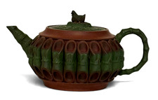 Chinese Yixing Zisha Clay Mini Teapot Bamboo Design Chicken Marked He Yanping picture