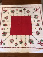 Vintage AS IS Christmas Tablecloth Santa Noel Holly Stocking Poinsettia  MCM picture