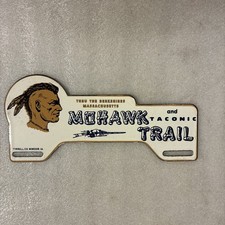 Vintage MOHAWK TRAIL MASSACHUSETTS PAINTED METAL TOPPER SIGN INDIAN ROAD GAS picture