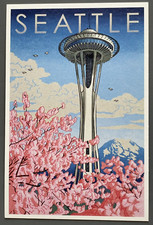 Seattle, Washington - Space Needle - Cherry Blossoms - Lantern Press Postcard picture