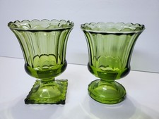 Vintage 1970s GREEN GLASS Fluted Fancy Design Footed Compote Candy Dish Vase picture