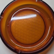 Vintage Heavy Amber Glass Ashtray Classic Diamond Pattern Base Cigar Grooves H23 picture