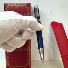 CARTIER Santos Blue Horizontal Stripe Ballpoint Pen Large Logo Silver Trim picture